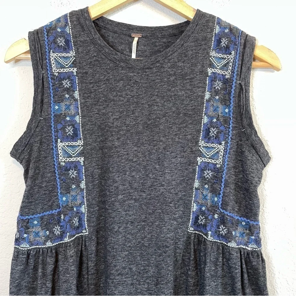 Free People Marcy Tank Charcoal Gray Blue Embroidered Details Boho Shirt Sz SM